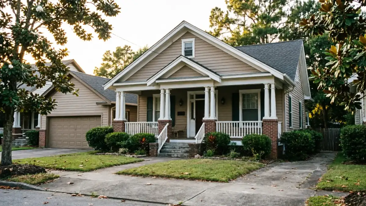 A tan house with a front porch and a brown garage door is visible.