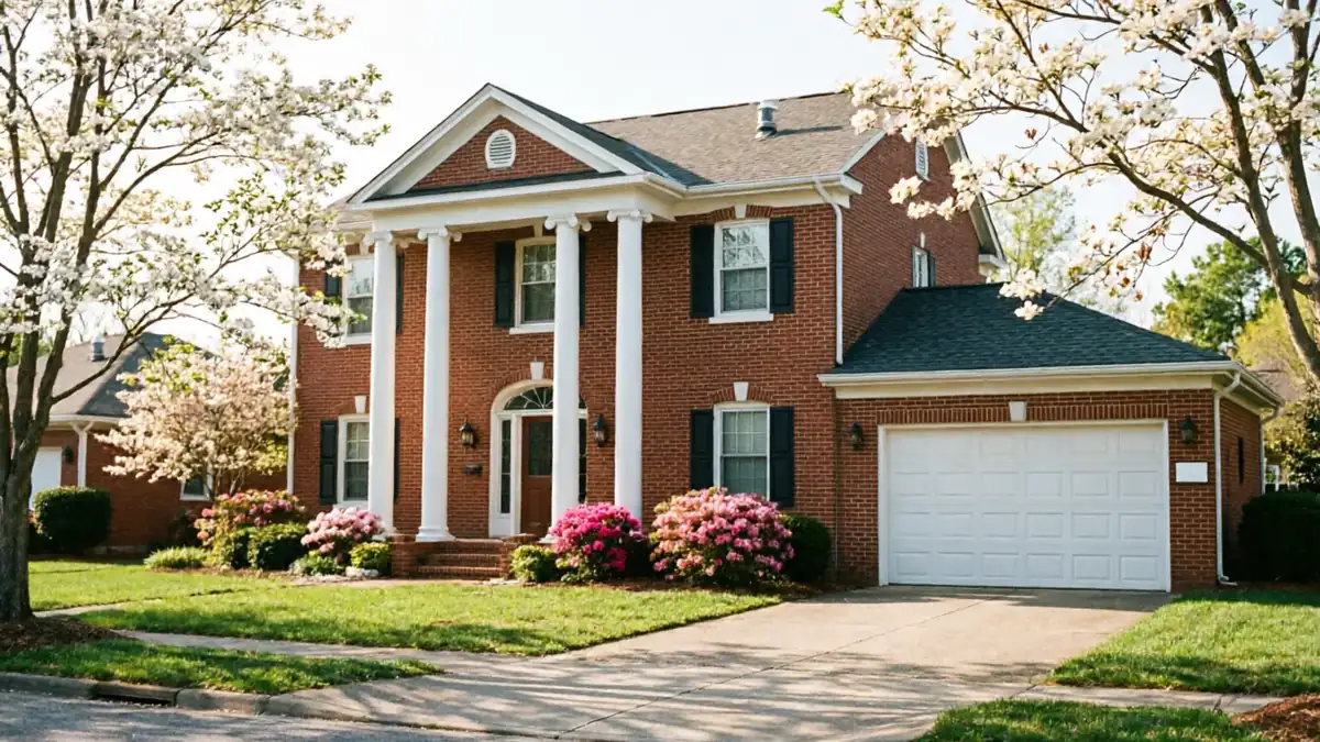 A large brick house with a white garage door and blooming trees.