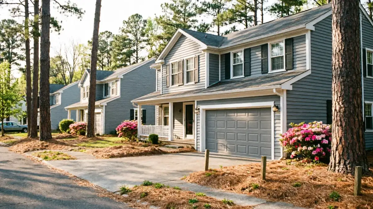 A row of gray two-story houses with gray garage doors and pine trees.