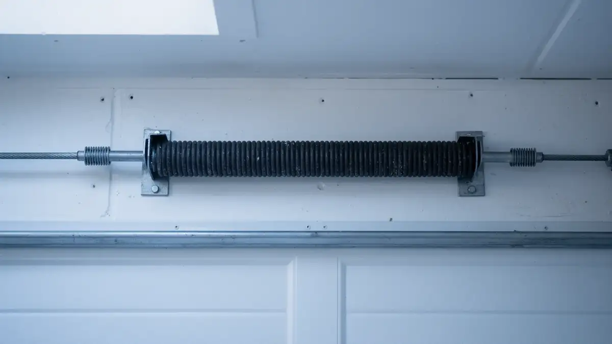 A black torsion spring is mounted above a white garage door.